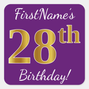 Purple, Faux Gold 28th Birthday + Custom Name Square Sticker