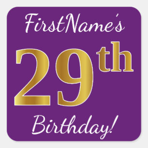 Purple, Faux Gold 29th Birthday + Custom Name Square Sticker