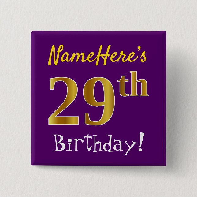 Purple, Faux Gold 29th Birthday, With Custom Name 2 Inch Square Button (Front)