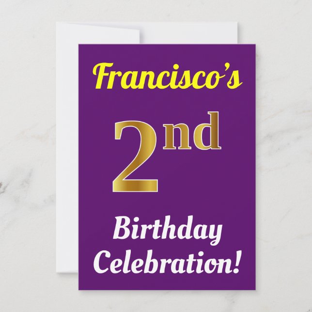 Purple, Faux Gold 2nd Birthday Celebration + Name Invitation (Front)
