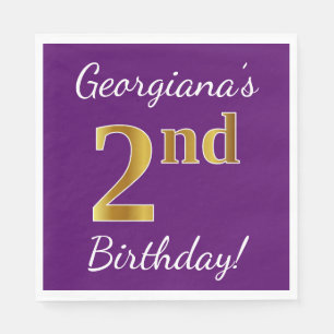 Purple, Faux Gold 2nd Birthday + Custom Name Napkin