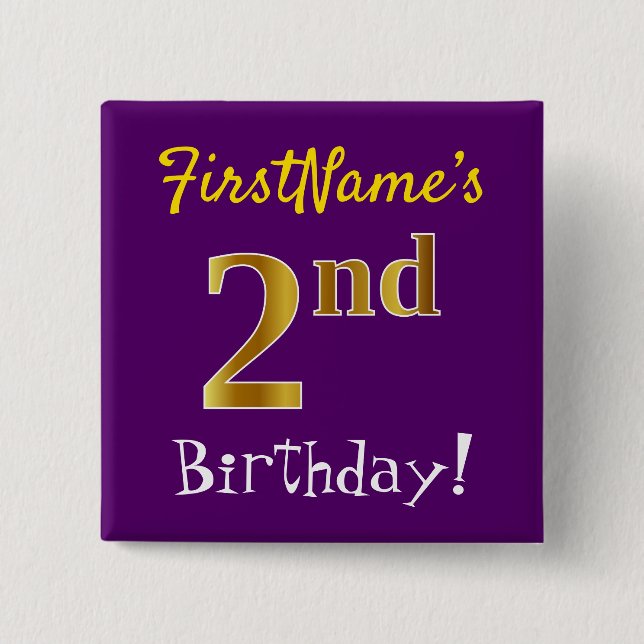 Purple, Faux Gold 2nd Birthday, With Custom Name 2 Inch Square Button (Front)
