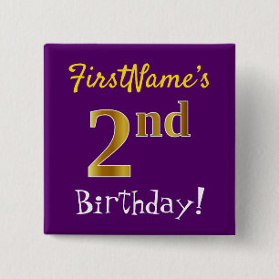 Purple, Faux Gold 2nd Birthday, With Custom Name 2 Inch Square Button