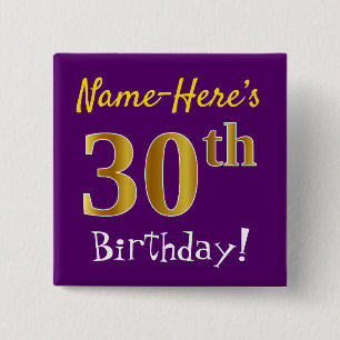 Purple, Faux Gold 30th Birthday, With Custom Name 2 Inch Square Button
