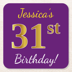 Purple, Faux Gold 31st Birthday + Custom Name Square Paper Coaster