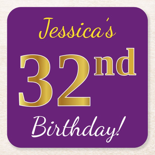 Purple, Faux Gold 32nd Birthday + Custom Name Square Paper Coaster (Front)