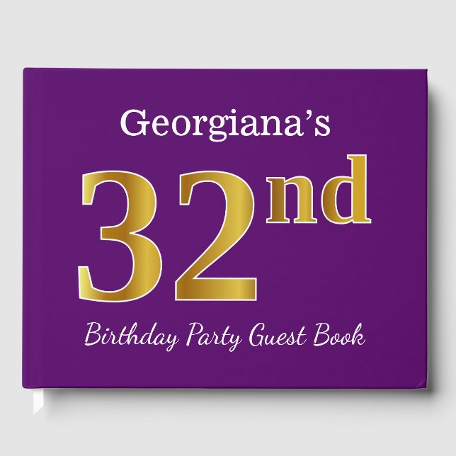 Purple, Faux Gold 32nd Birthday Party; Custom Name Guest Book (Front)