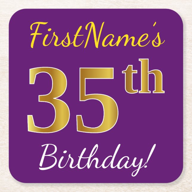 Purple, Faux Gold 35th Birthday + Custom Name Square Paper Coaster (Front)