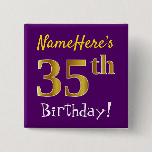 Purple, Faux Gold 35th Birthday, With Custom Name 2 Inch Square Button