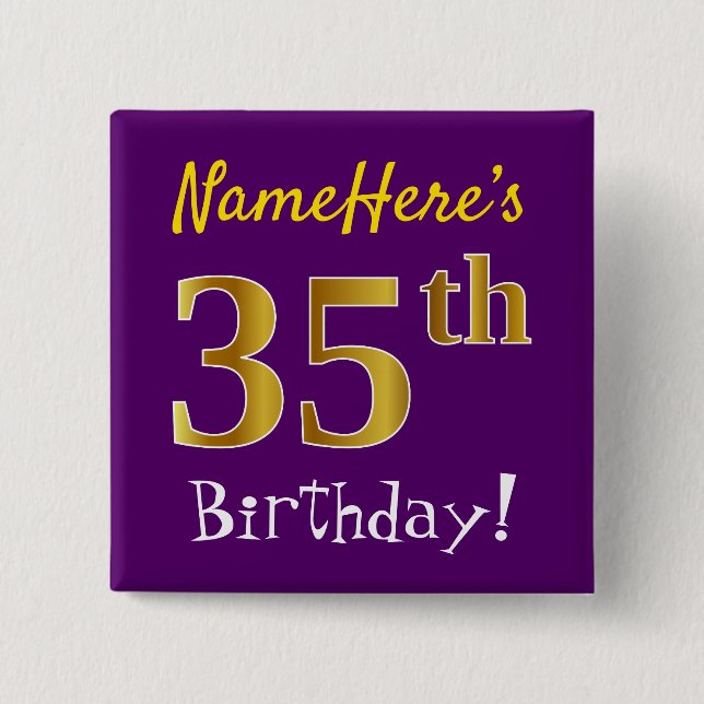 Purple, Faux Gold 35th Birthday, With Custom Name 2 Inch Square Button (Front)