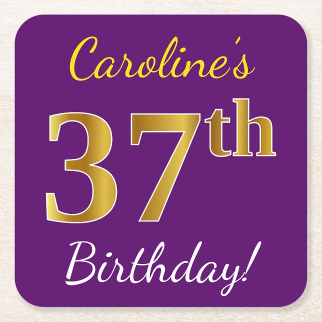 Purple, Faux Gold 37th Birthday + Custom Name Square Paper Coaster (Front)