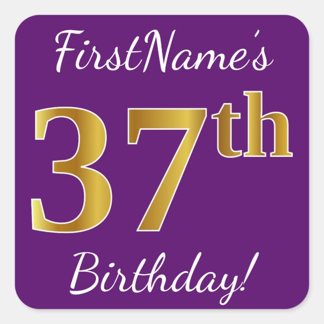 Purple, Faux Gold 37th Birthday + Custom Name Square Sticker (Front)