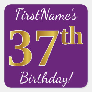Purple, Faux Gold 37th Birthday + Custom Name Square Sticker