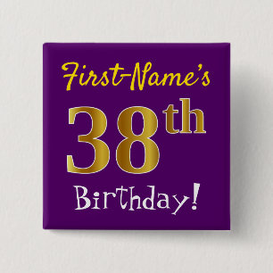 Purple, Faux Gold 38th Birthday, With Custom Name 2 Inch Square Button
