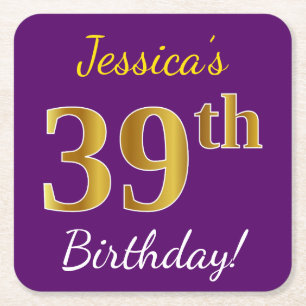 Purple, Faux Gold 39th Birthday + Custom Name Square Paper Coaster
