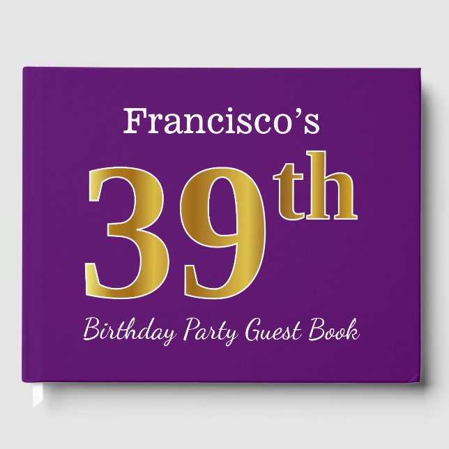 Purple, Faux Gold 39th Birthday Party; Custom Name Guest Book (Front)