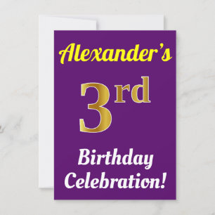Purple, Faux Gold 3rd Birthday Celebration + Name Invitation