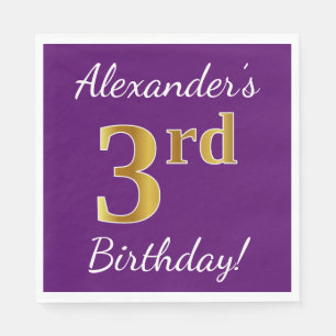 Purple, Faux Gold 3rd Birthday + Custom Name Napkin