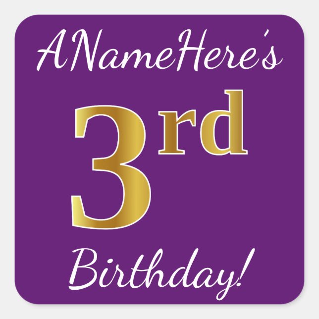 Purple, Faux Gold 3rd Birthday + Custom Name Square Sticker (Front)