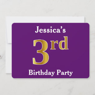 Purple, Faux Gold 3rd Birthday Party + Custom Name Invitation