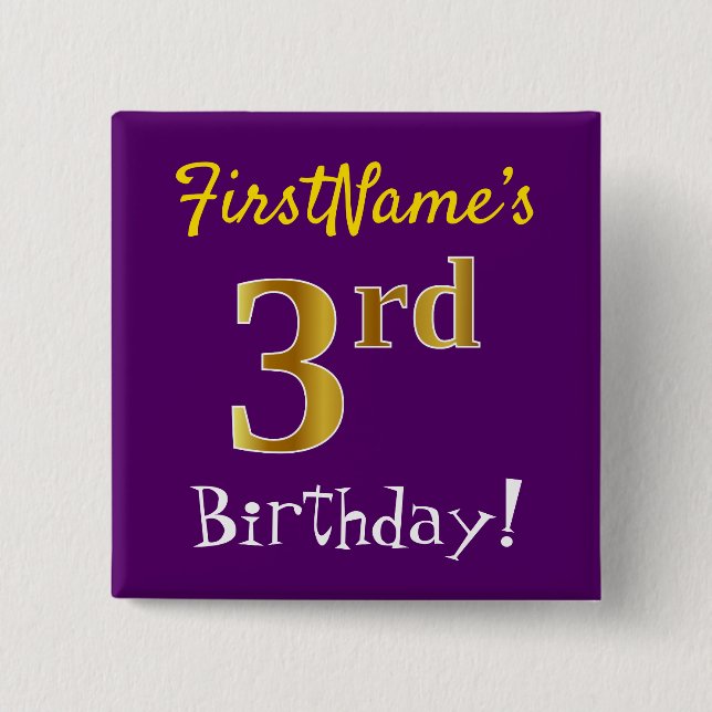 Purple, Faux Gold 3rd Birthday, With Custom Name 2 Inch Square Button (Front)