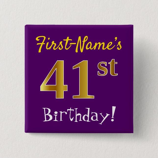 Purple, Faux Gold 41st Birthday, With Custom Name 2 Inch Square Button (Front)