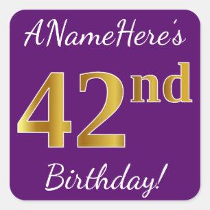 Purple, Faux Gold 42nd Birthday + Custom Name Square Sticker