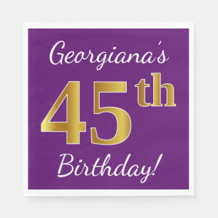 Purple, Faux Gold 45th Birthday + Custom Name Napkin