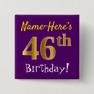 Purple, Faux Gold 46th Birthday, With Custom Name 2 Inch Square Button