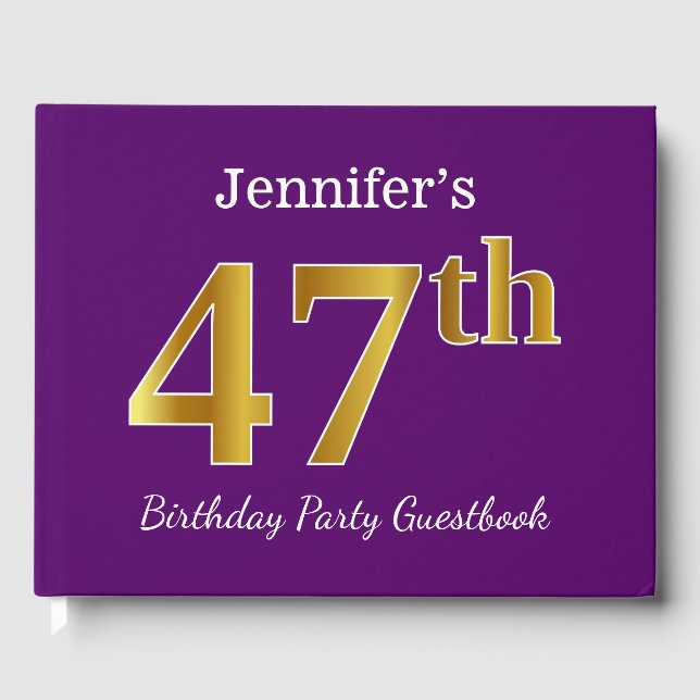 Purple, Faux Gold 47th Birthday Party; Custom Name Guest Book (Front)