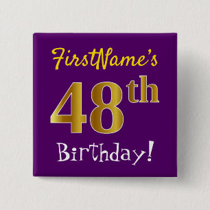 Purple, Faux Gold 48th Birthday, With Custom Name 2 Inch Square Button