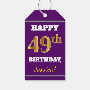 Purple, Faux Gold 49th Birthday + Custom Name Gift Tags