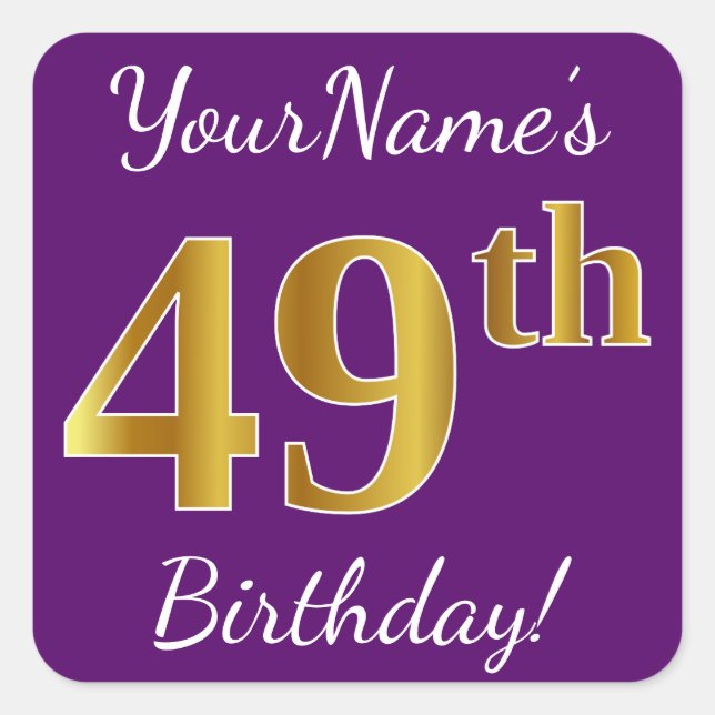 Purple, Faux Gold 49th Birthday + Custom Name Square Sticker (Front)