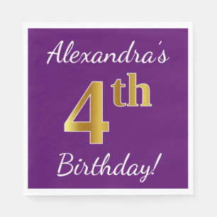 Purple, Faux Gold 4th Birthday + Custom Name Napkin