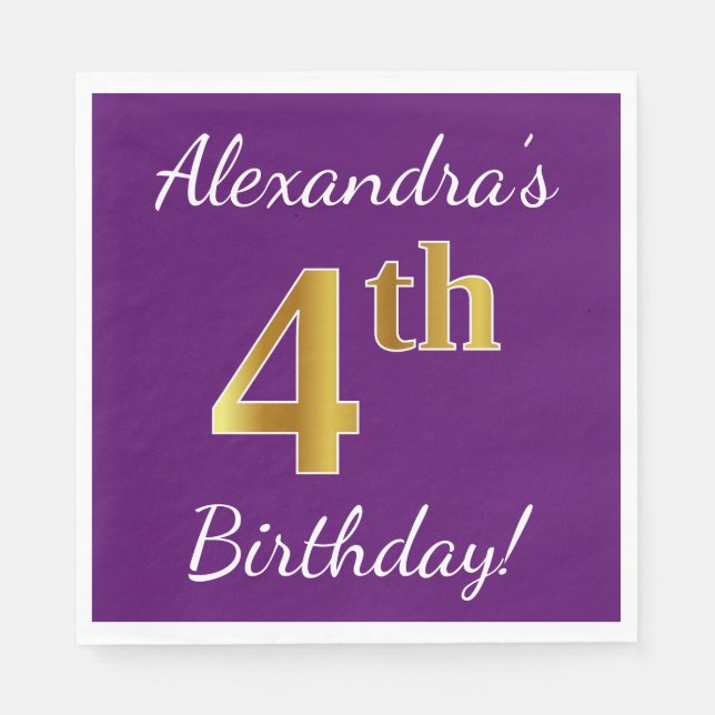 Purple, Faux Gold 4th Birthday + Custom Name Napkin (Front)