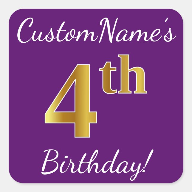 Purple, Faux Gold 4th Birthday + Custom Name Square Sticker (Front)