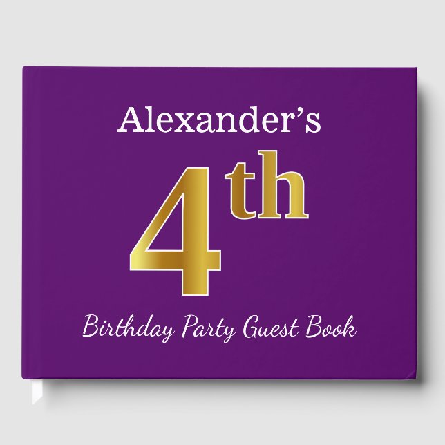 Purple, Faux Gold 4th Birthday Party + Custom Name Guest Book (Front)