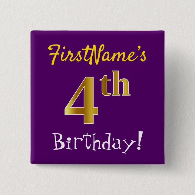 Purple, Faux Gold 4th Birthday, With Custom Name 2 Inch Square Button (Front)