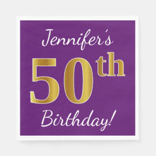 Purple, Faux Gold 50th Birthday + Custom Name Napkin