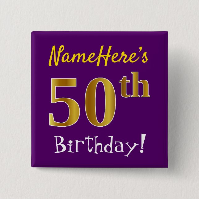 Purple, Faux Gold 50th Birthday, With Custom Name 2 Inch Square Button (Front)