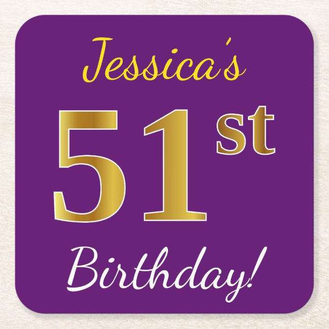 Purple, Faux Gold 51st Birthday + Custom Name Square Paper Coaster (Front)