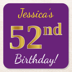 Purple, Faux Gold 52nd Birthday + Custom Name Square Paper Coaster