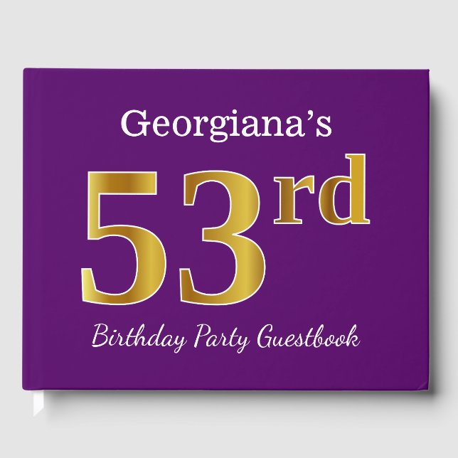 Purple, Faux Gold 53rd Birthday Party; Custom Name Guest Book (Front)