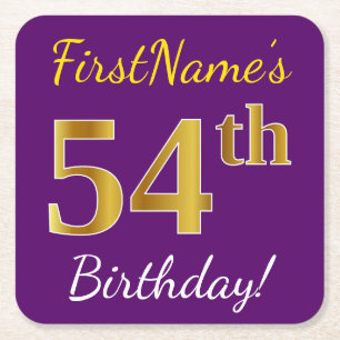 Purple, Faux Gold 54th Birthday + Custom Name Square Paper Coaster