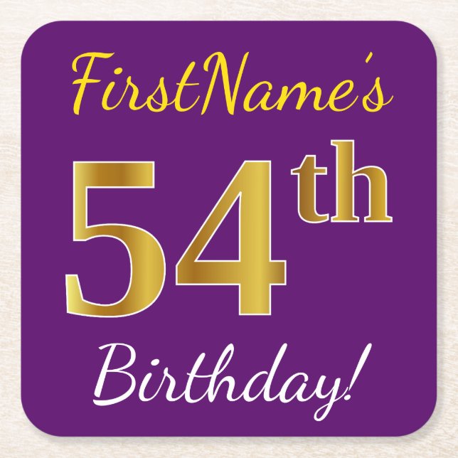 Purple, Faux Gold 54th Birthday + Custom Name Square Paper Coaster (Front)