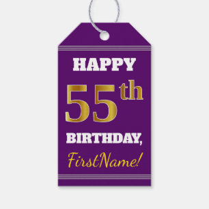 Purple, Faux Gold 55th Birthday + Custom Name Gift Tags