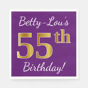 Purple, Faux Gold 55th Birthday + Custom Name Napkin