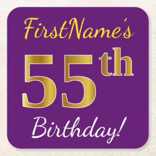 Purple, Faux Gold 55th Birthday + Custom Name Square Paper Coaster