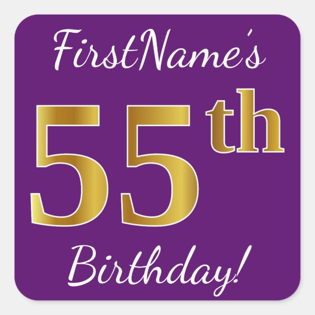 Purple, Faux Gold 55th Birthday + Custom Name Square Sticker (Front)