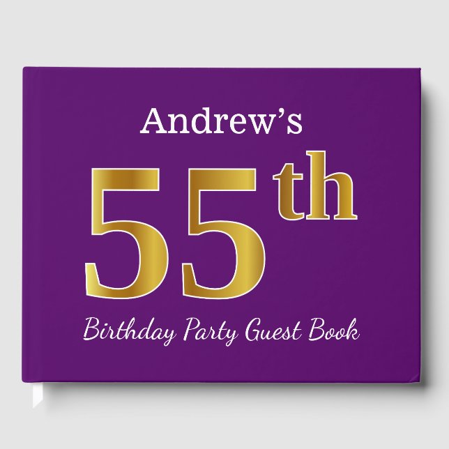 Purple, Faux Gold 55th Birthday Party; Custom Name Guest Book (Front)